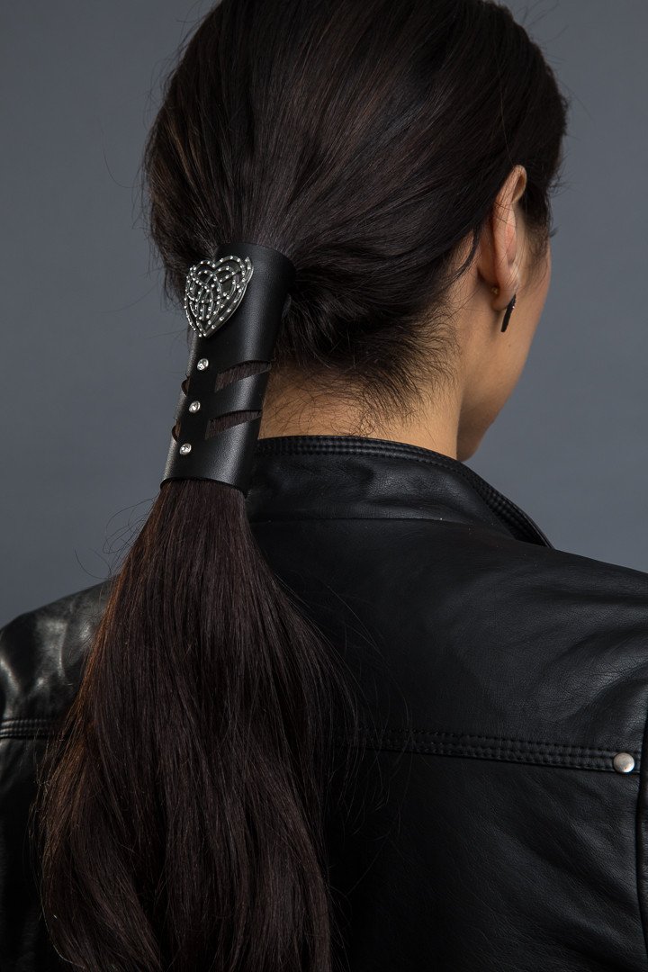 Leather 4" Metal Trib Hart Herringbone Cut out with Gems hairglove